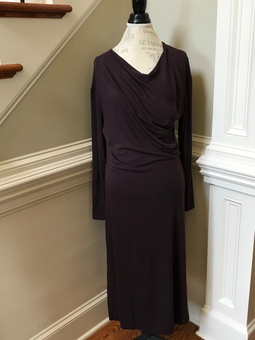 Vince Draped Jersey Maxi Dress Womens Large Purple Long Sleeve Cowl Neck Stretch